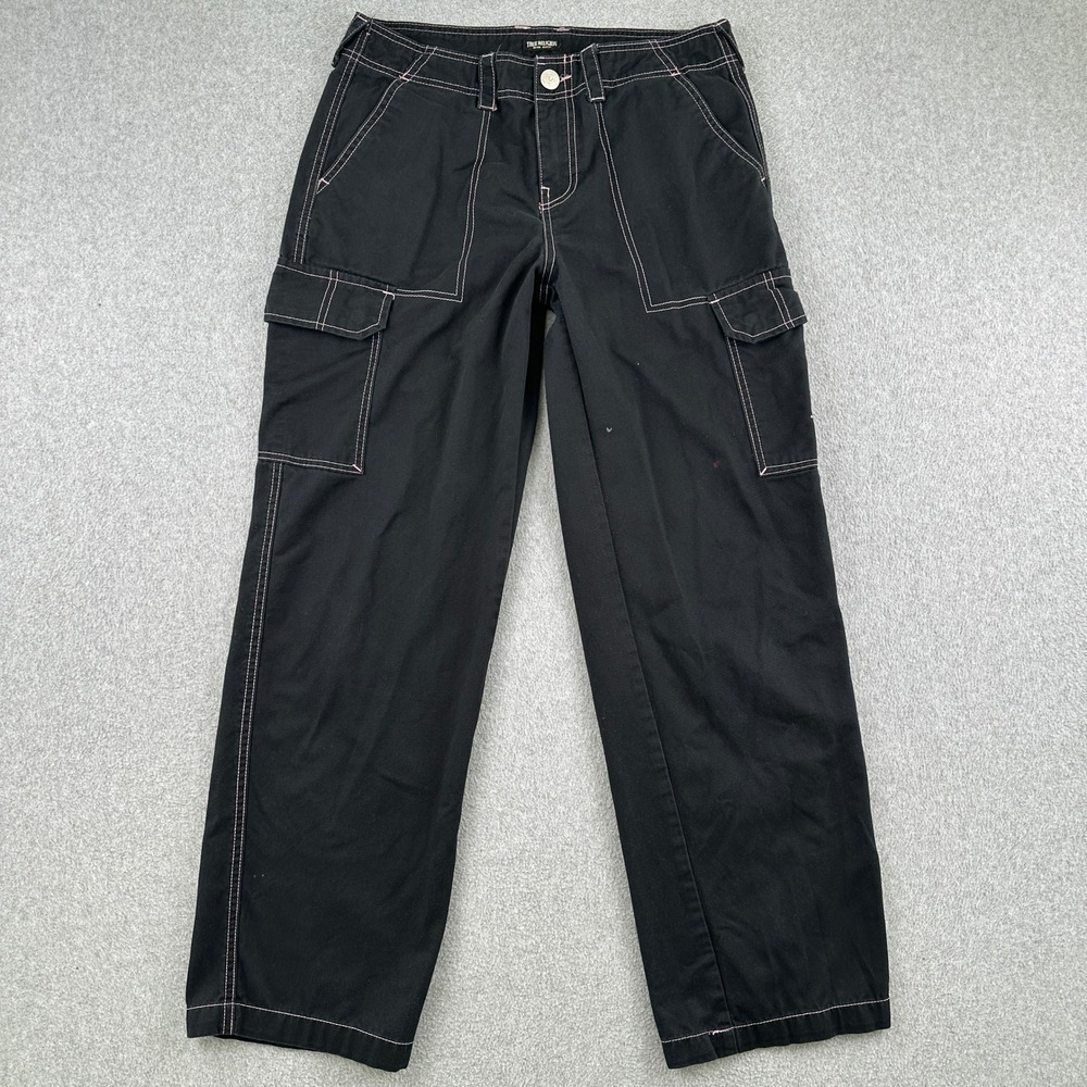 True Religion Cargo Pants Womens 29 Black Pink Contrast Stitch Baggy Y2K